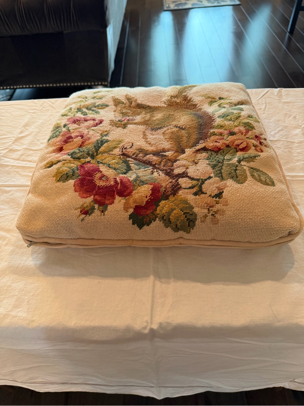 Needlepoint Squirrel Floral Cushion/Pillow in Cream and Earth Tones - Picture 3 of 7